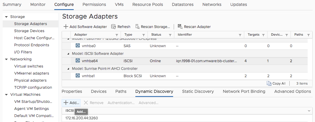VMware screenshot showing where to manage iSCSI dynamic discovery