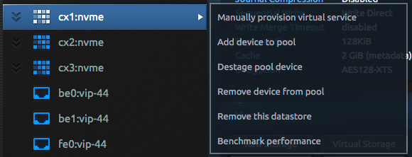 Blockbridge screenshot showing flyout menu of a datastore