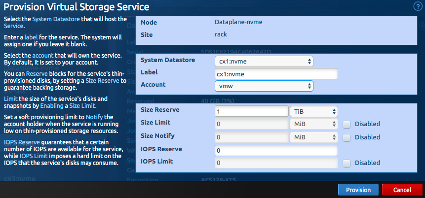 Blockbridge screenshot showing storage service provisioning modal
