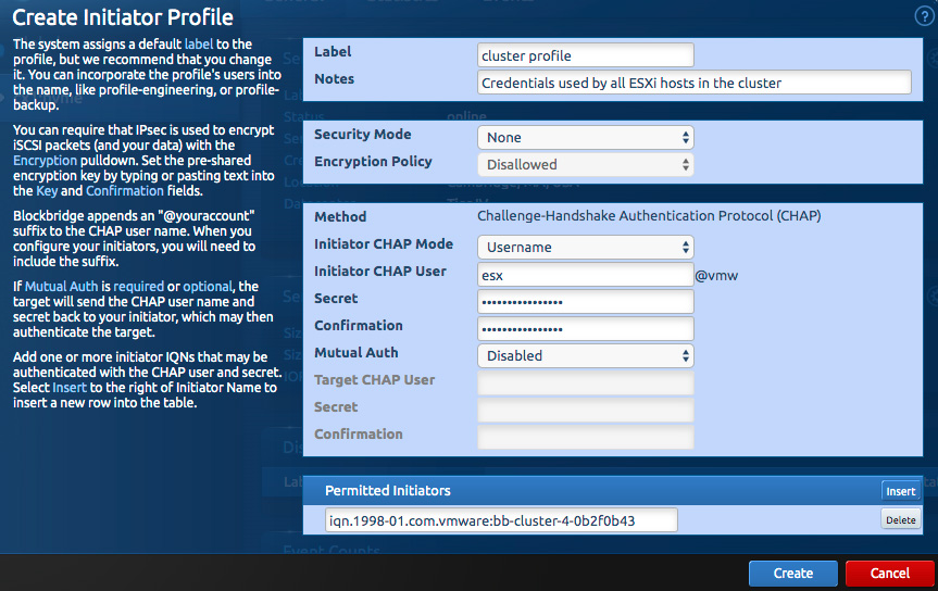 Blockbridge screenshot showing create initiator profile modal