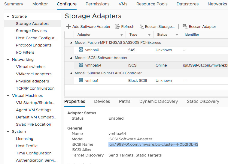 VMware screenshot showing where to find the iSCSI initiator IQN