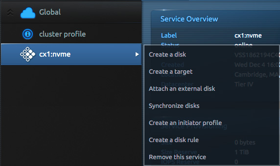 Blockbridge screenshot showing the flyout menu of a storage service