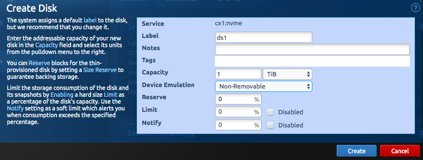 Blockbridge screenshot showing the create disk modal
