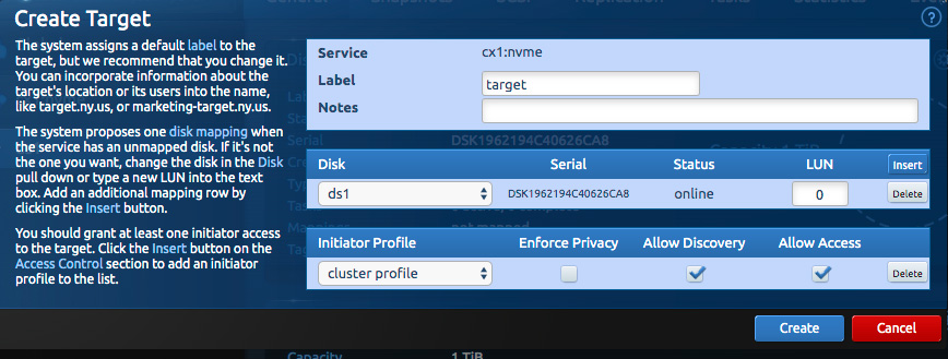 Blockbridge screenshot showing the create disk modal