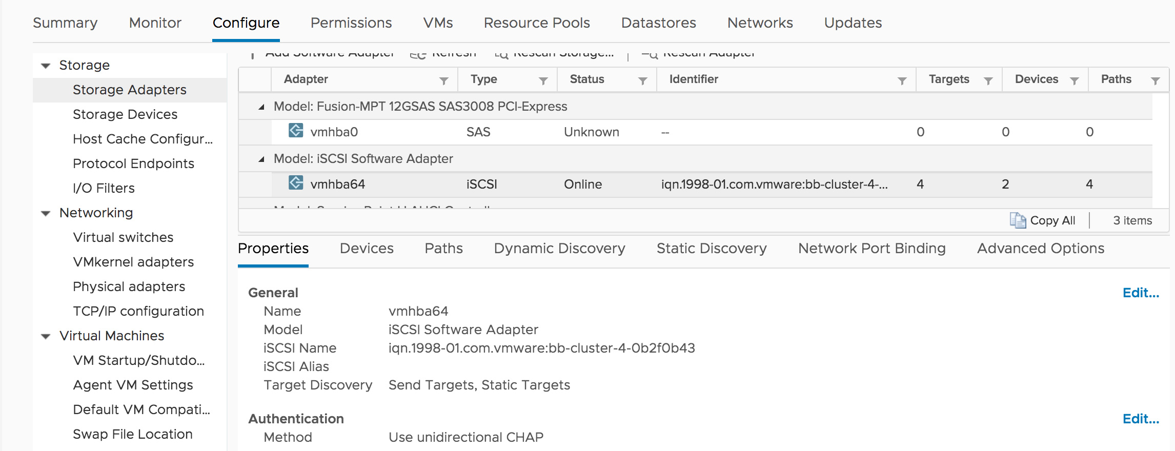 VMware screenshot showing where to edit iSCSI authentication settings