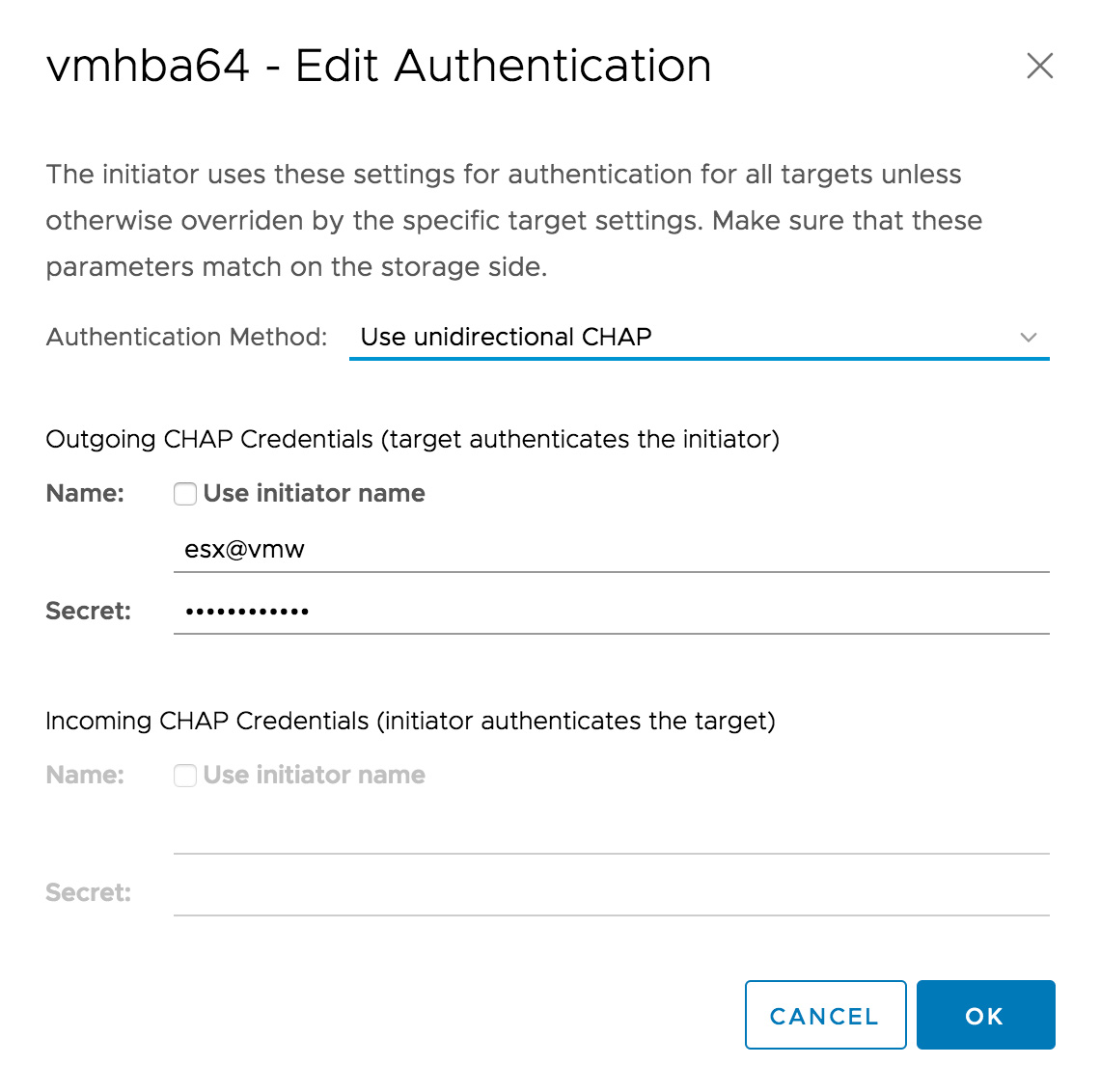 VMware screenshot showing the edit iSCSI authentication modal