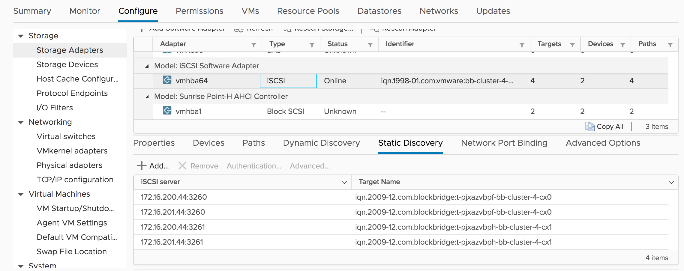 VMware screenshot showing where to manage iSCSI static discovery