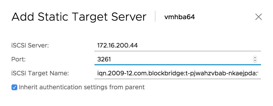 VMware screenshot showing static iSCSI target server modal