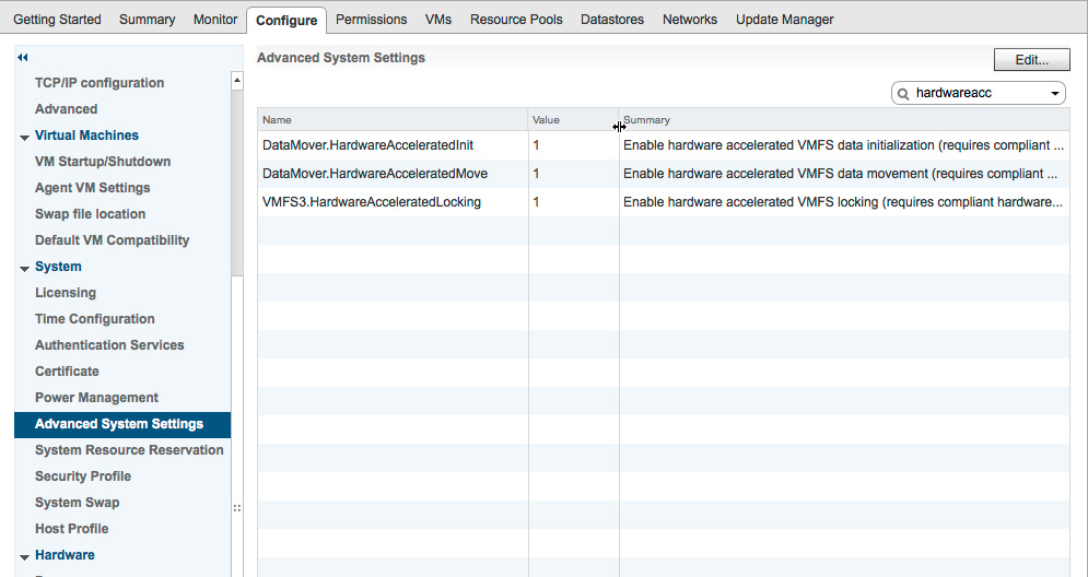 VMware screenshot showing advanced system settings for hardware acceleration