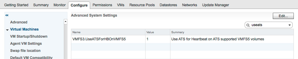 VMware screenshot showing advanced system settings for ATS heartbeating