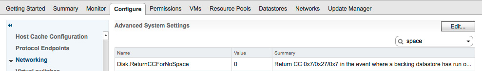 VMware screenshot showing advanced system settings for ReturnCCForNoSpace