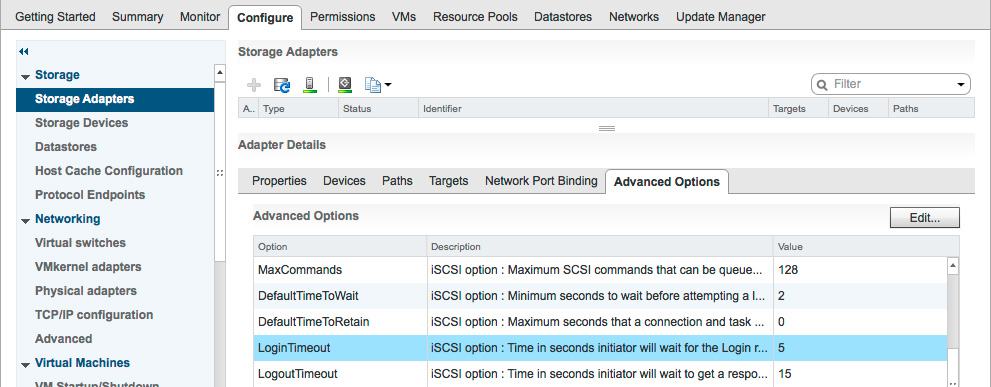 VMware screenshot show iSCSI storage adapter setting for LoginTimeout