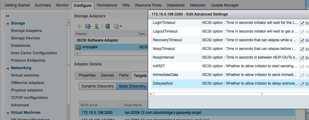 VMware screenshot show iSCSI advanced settings for DelayedAck