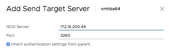 VMware screenshot showing dynamic iSCSI target server modal